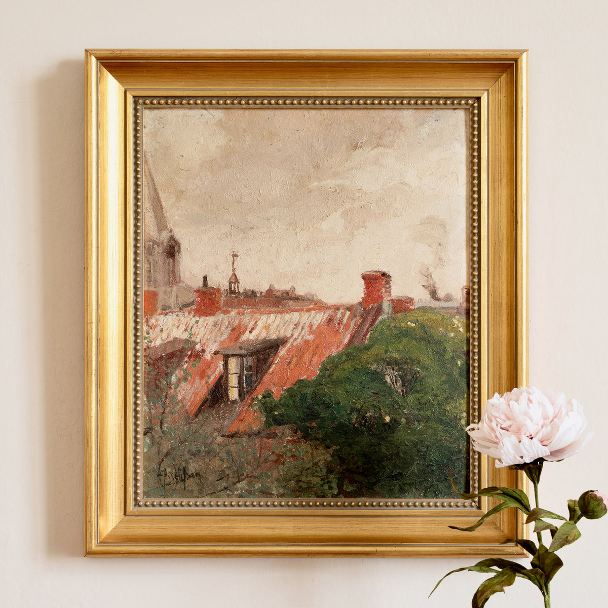 Vintage Art Original Cityscape Oil Painting from Sweden