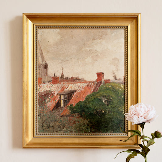 Vintage Art Original Cityscape Oil Painting from Sweden