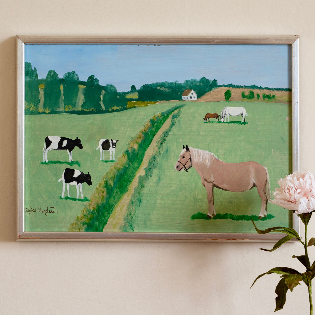 Vintage Art Room Original Oil Painting of Cows and Horses from Sweden