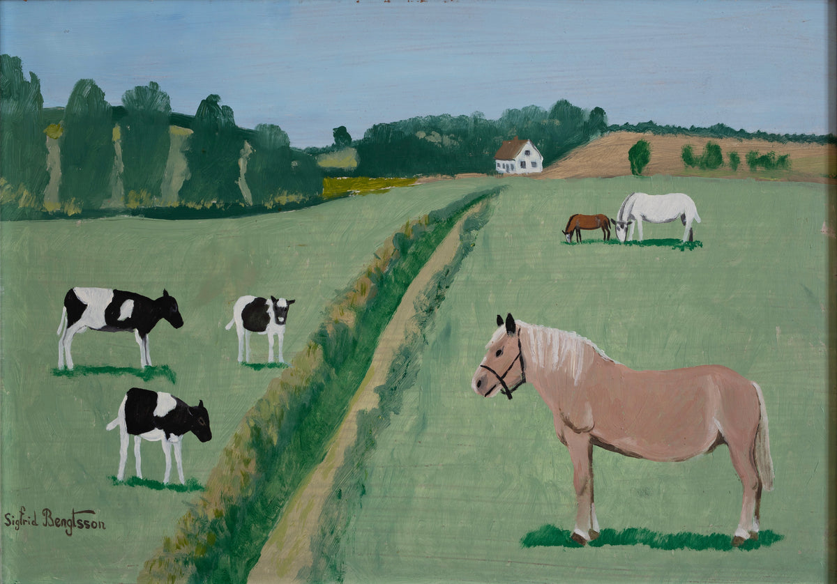 Vintage Art Room Original Oil Painting of Cows and Horses from Sweden