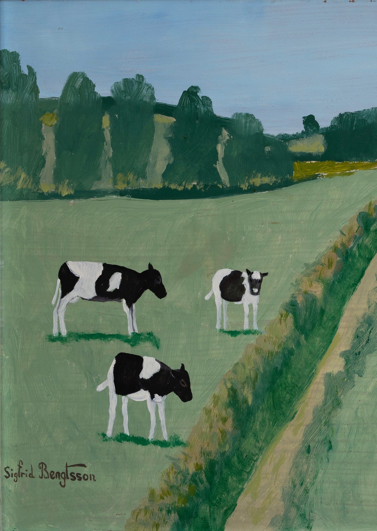 Vintage Art Room Original Oil Painting of Cows and Horses from Sweden