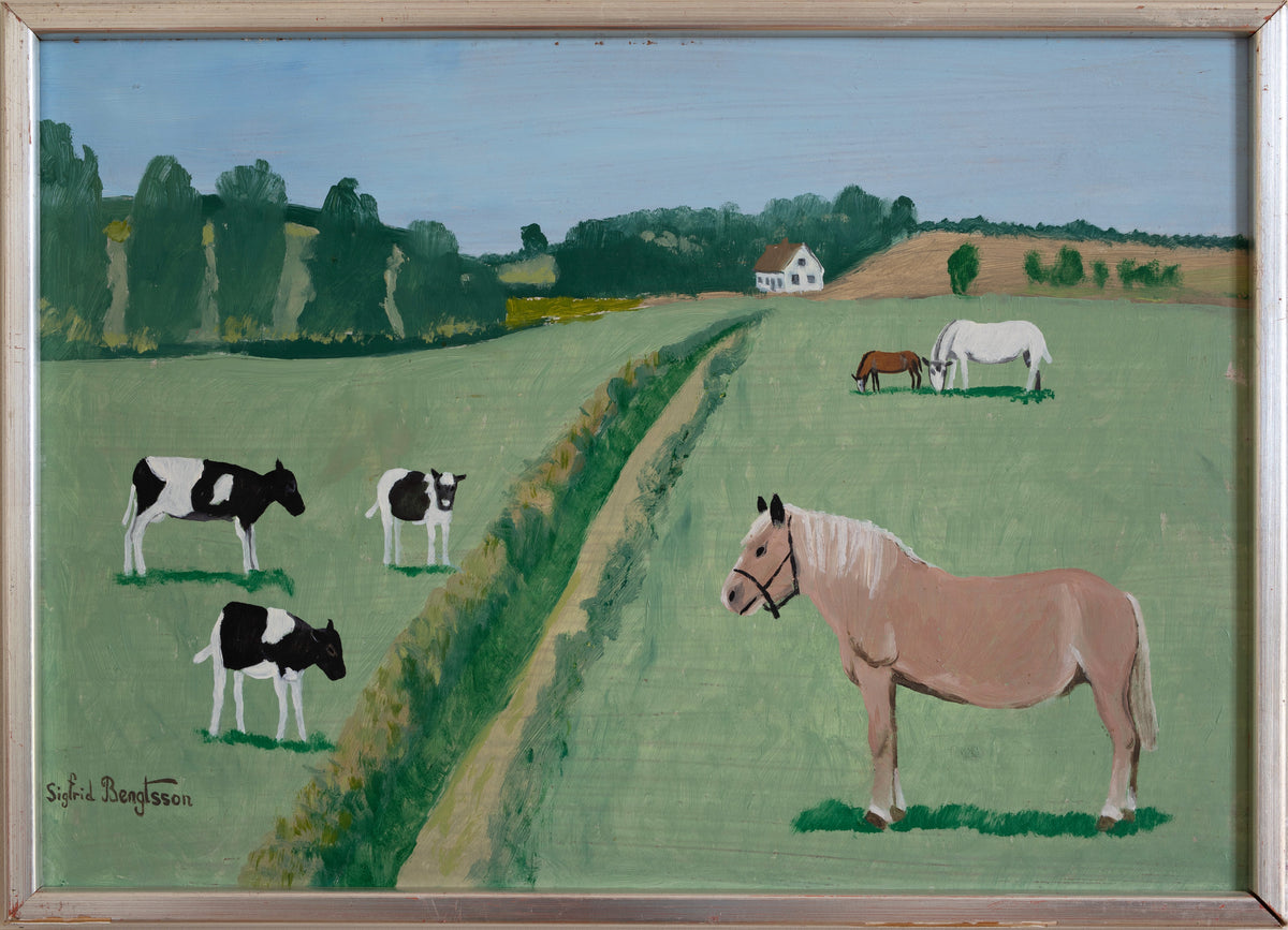 Vintage Art Room Original Oil Painting of Cows and Horses from Sweden
