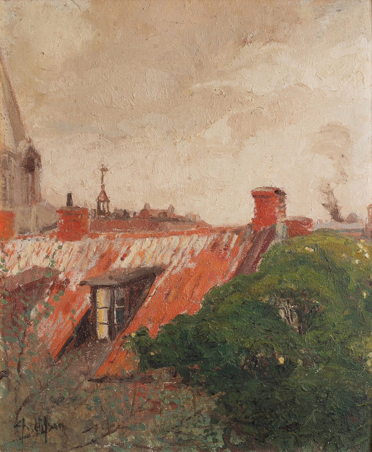 Vintage Art Original Cityscape Oil Painting from Sweden