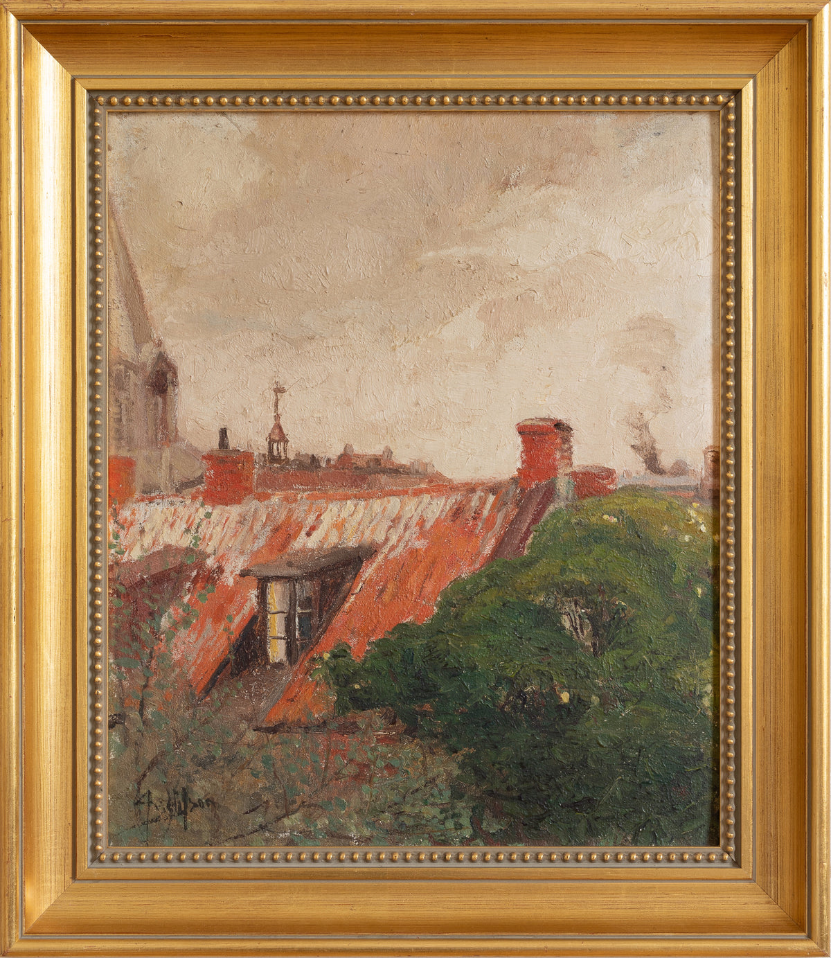 Vintage Art Original Cityscape Oil Painting from Sweden
