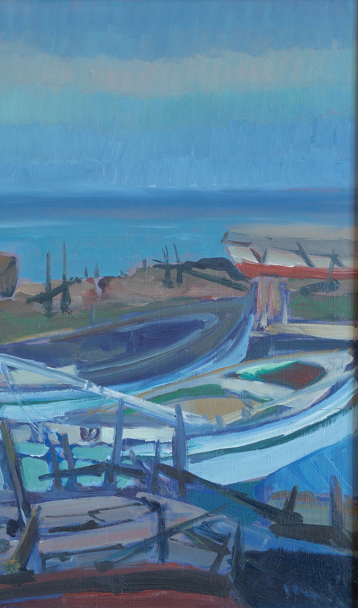 Mid Century Vintage Original Harbor Oil Painting from Sweden