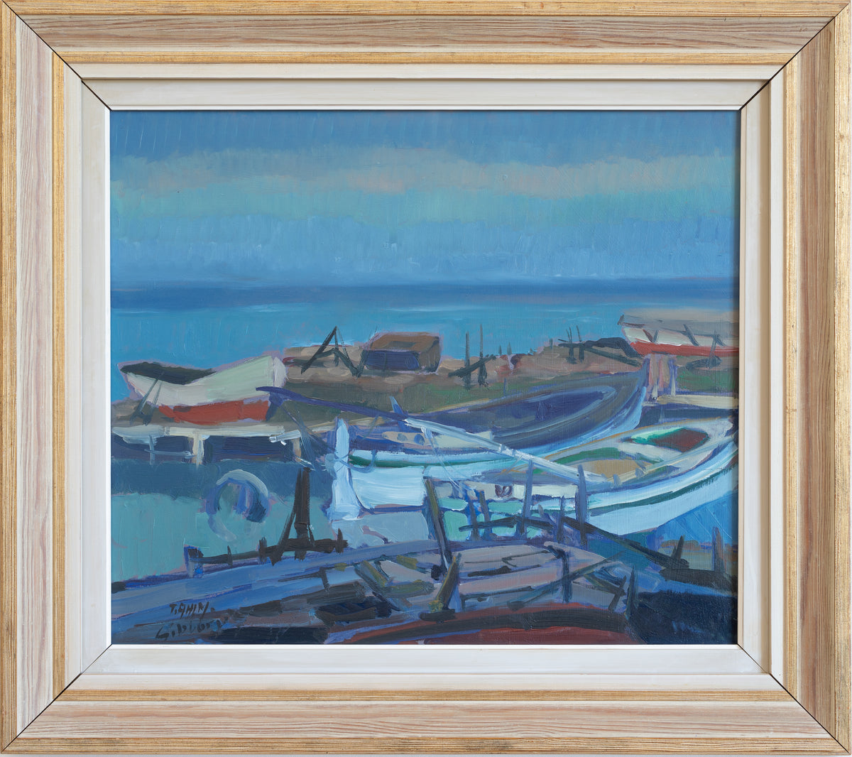 Mid Century Vintage Original Harbor Oil Painting from Sweden