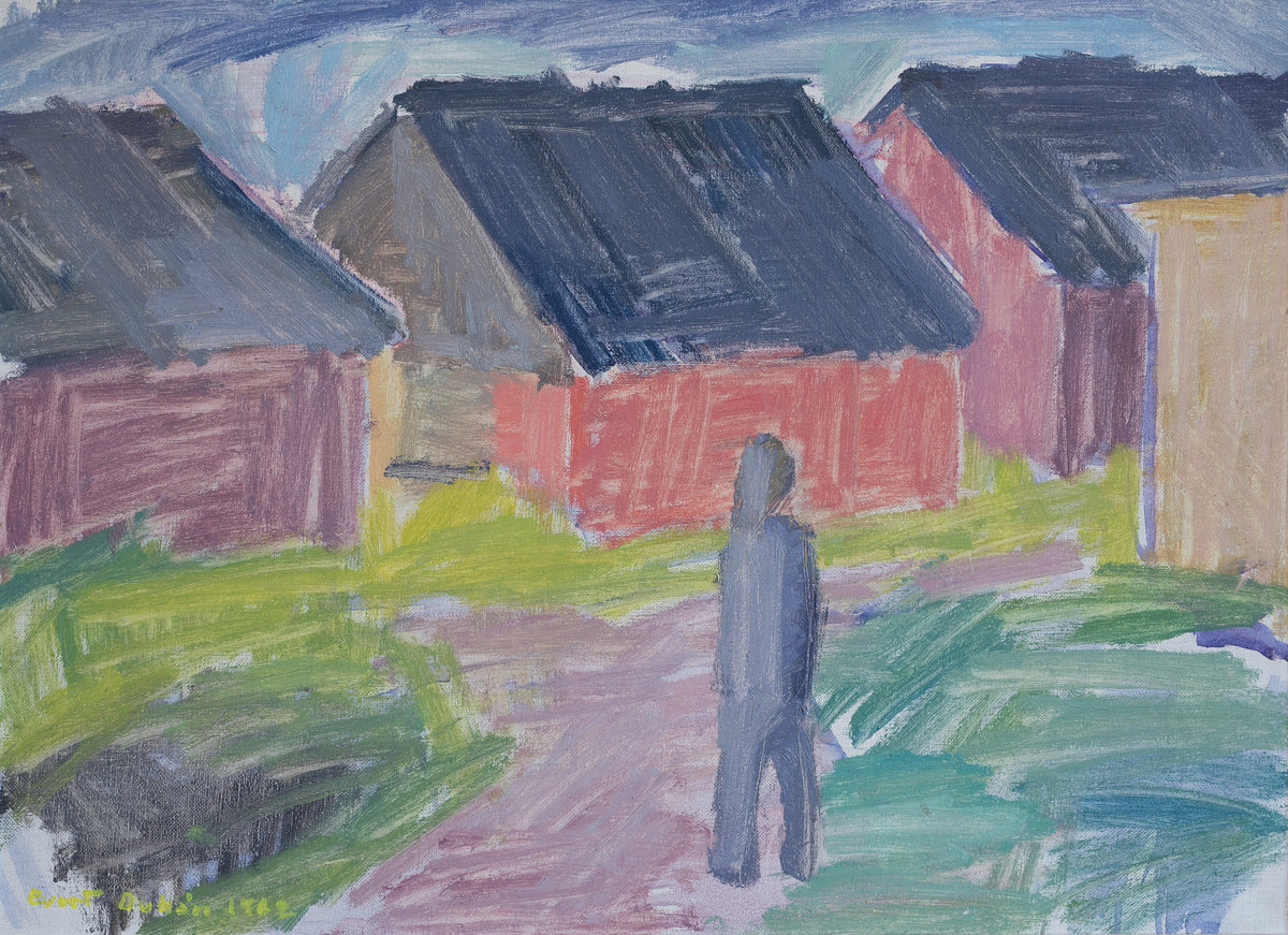 Mid Century Vintage Original Colorful Oil Painting from Sweden