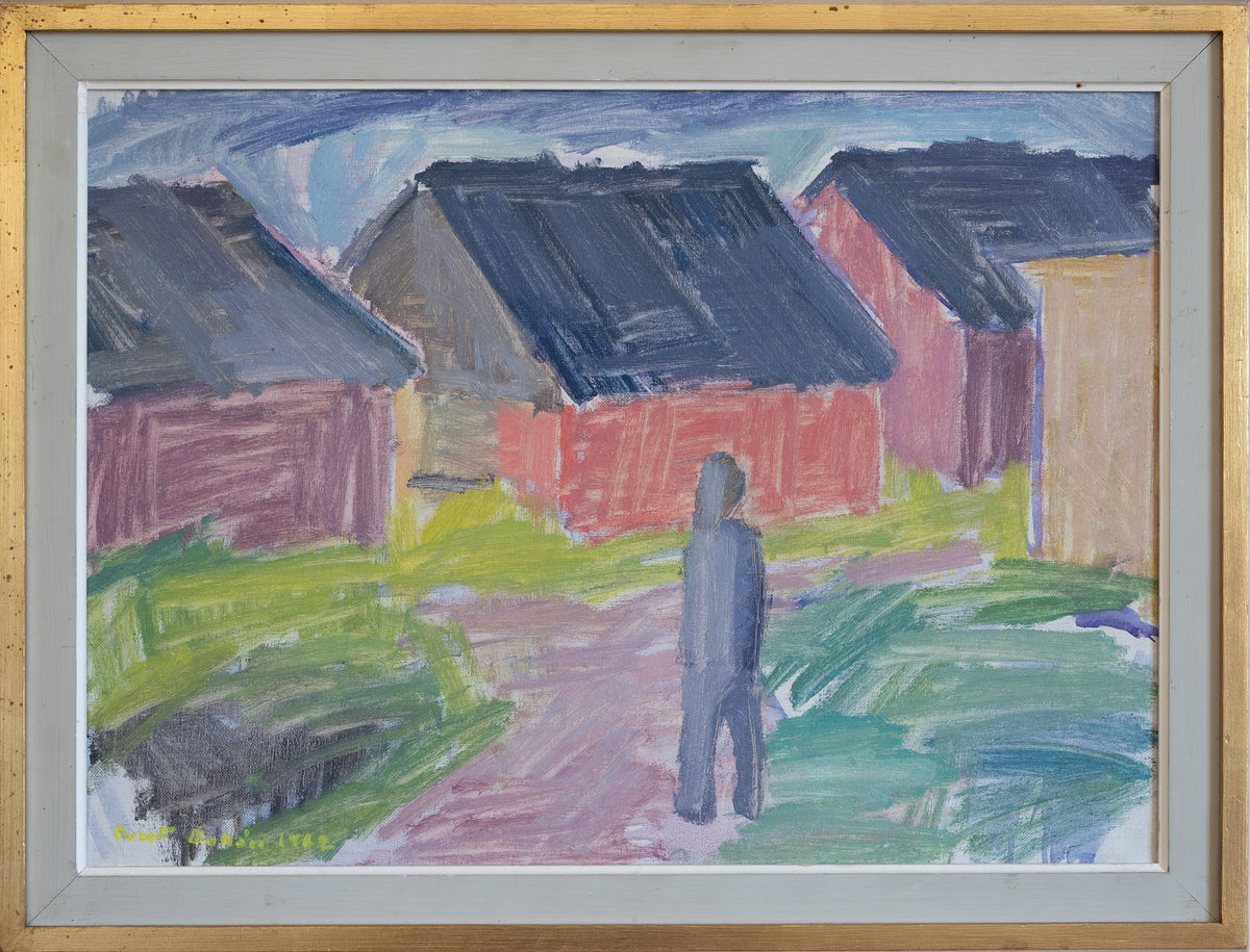 Mid Century Vintage Original Colorful Oil Painting from Sweden