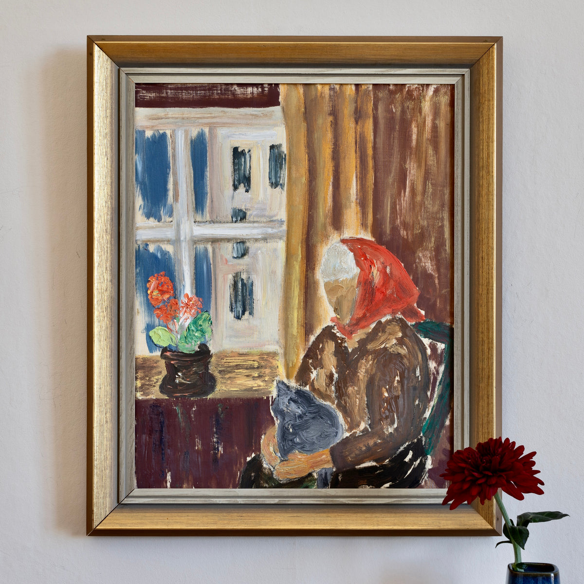 Swedish Vintage Figure in Interior Oil Painting From Sweden