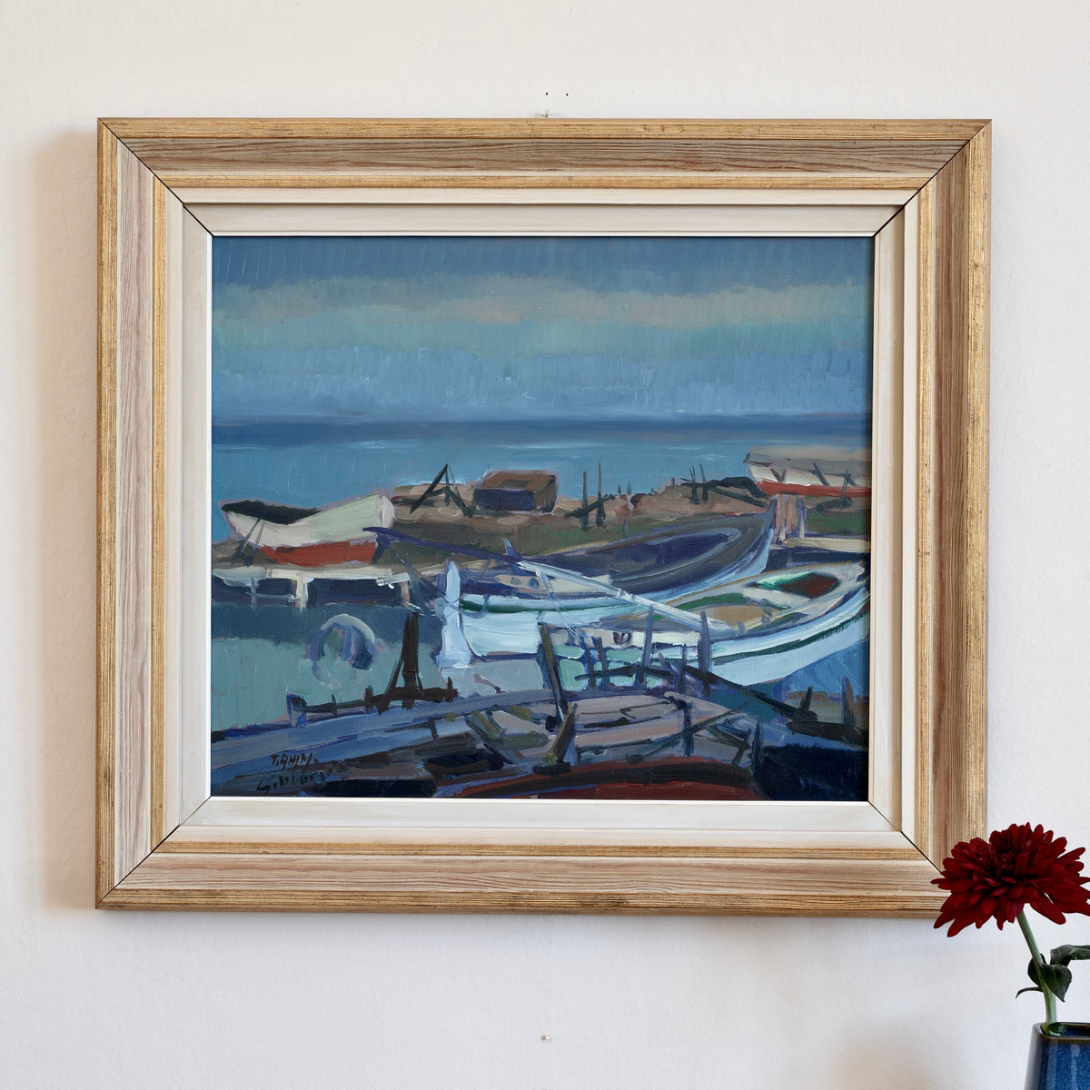 Mid Century Vintage Original Harbor Oil Painting from Sweden