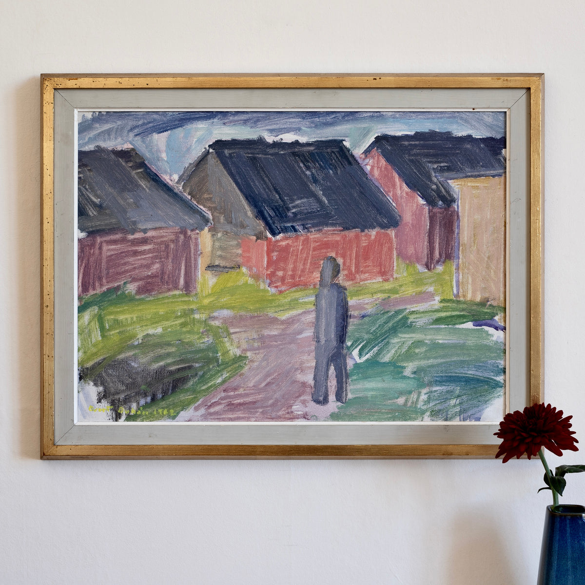 Mid Century Vintage Original Colorful Oil Painting from Sweden