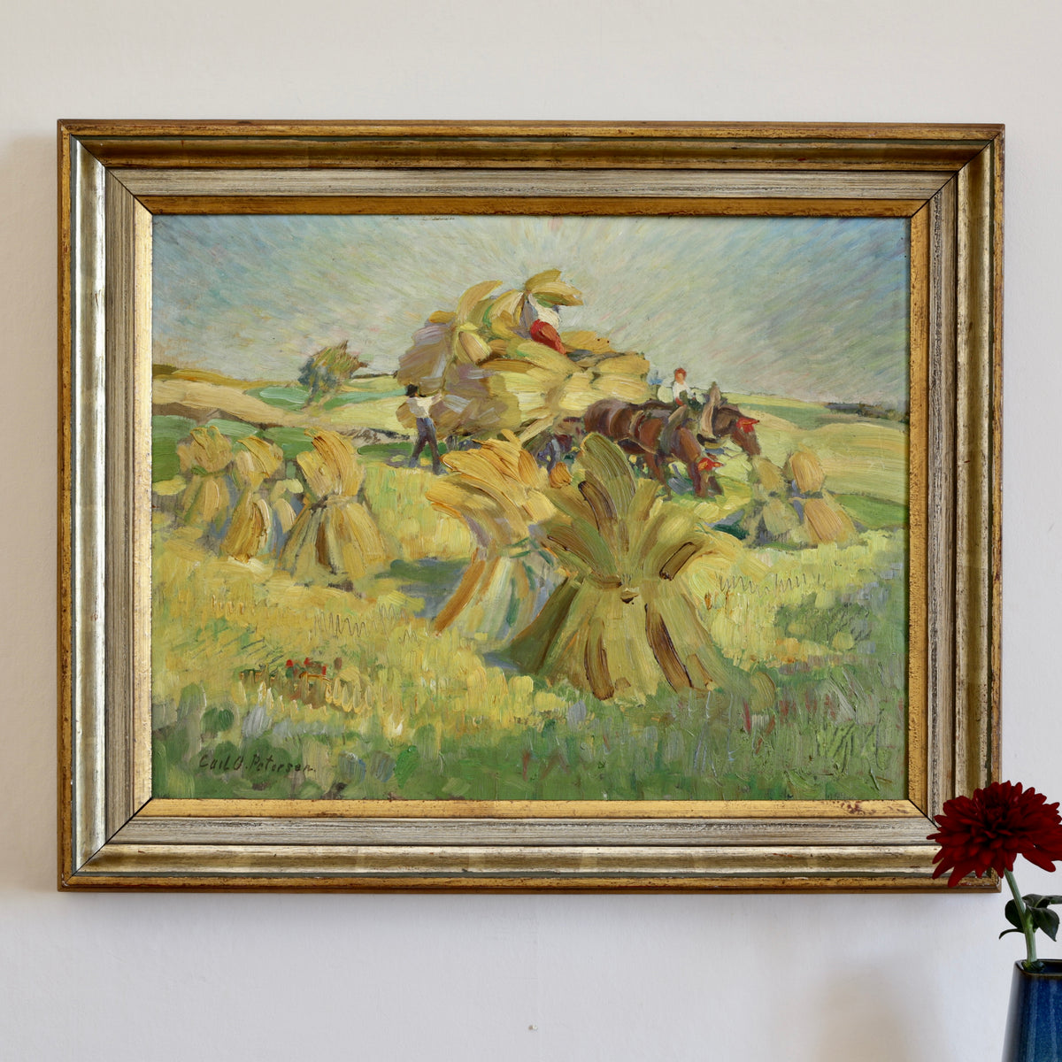 Vintage Original Hay harvest Oil Painting from Sweden