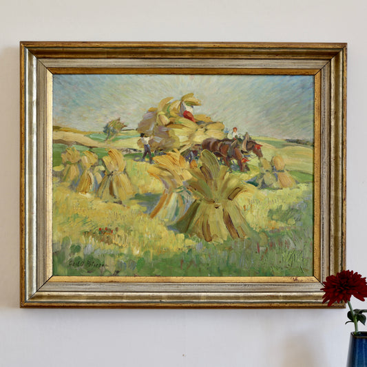 Vintage Original Hay harvest Oil Painting from Sweden