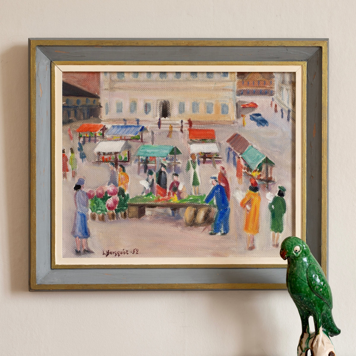 Vintage Framed Colorful Market Scene Oil Painting from Sweden