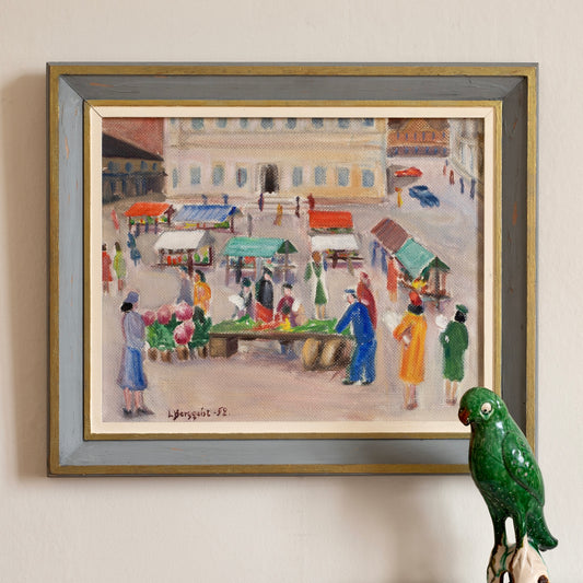 Vintage Framed Colorful Market Scene Oil Painting from Sweden