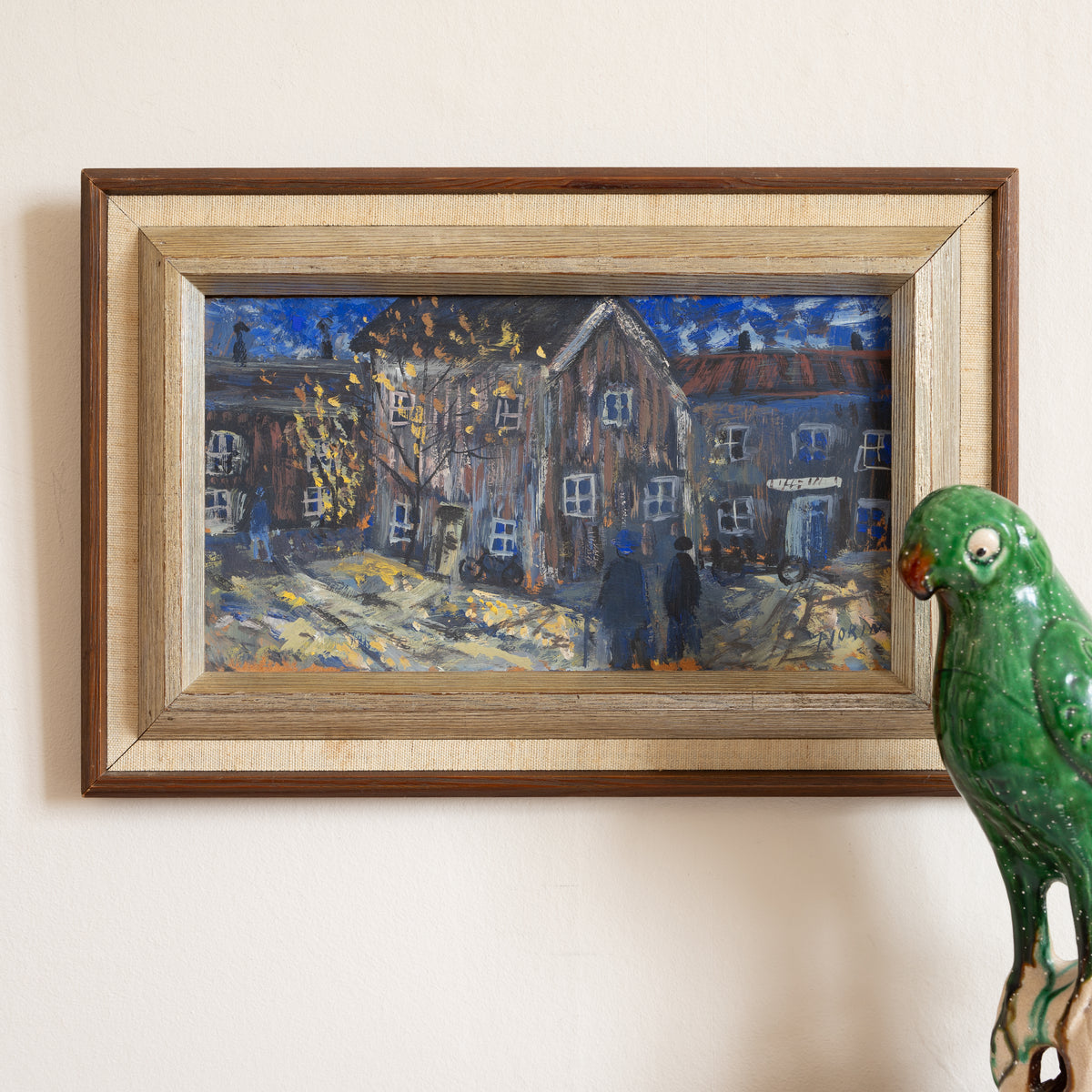 Vintage Mid Century Original Winter Cityscape Oil Painting from Sweden