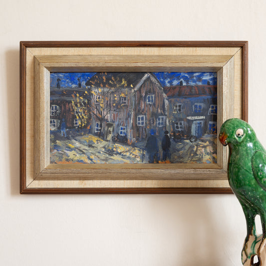 Vintage Mid Century Original Winter Cityscape Oil Painting from Sweden