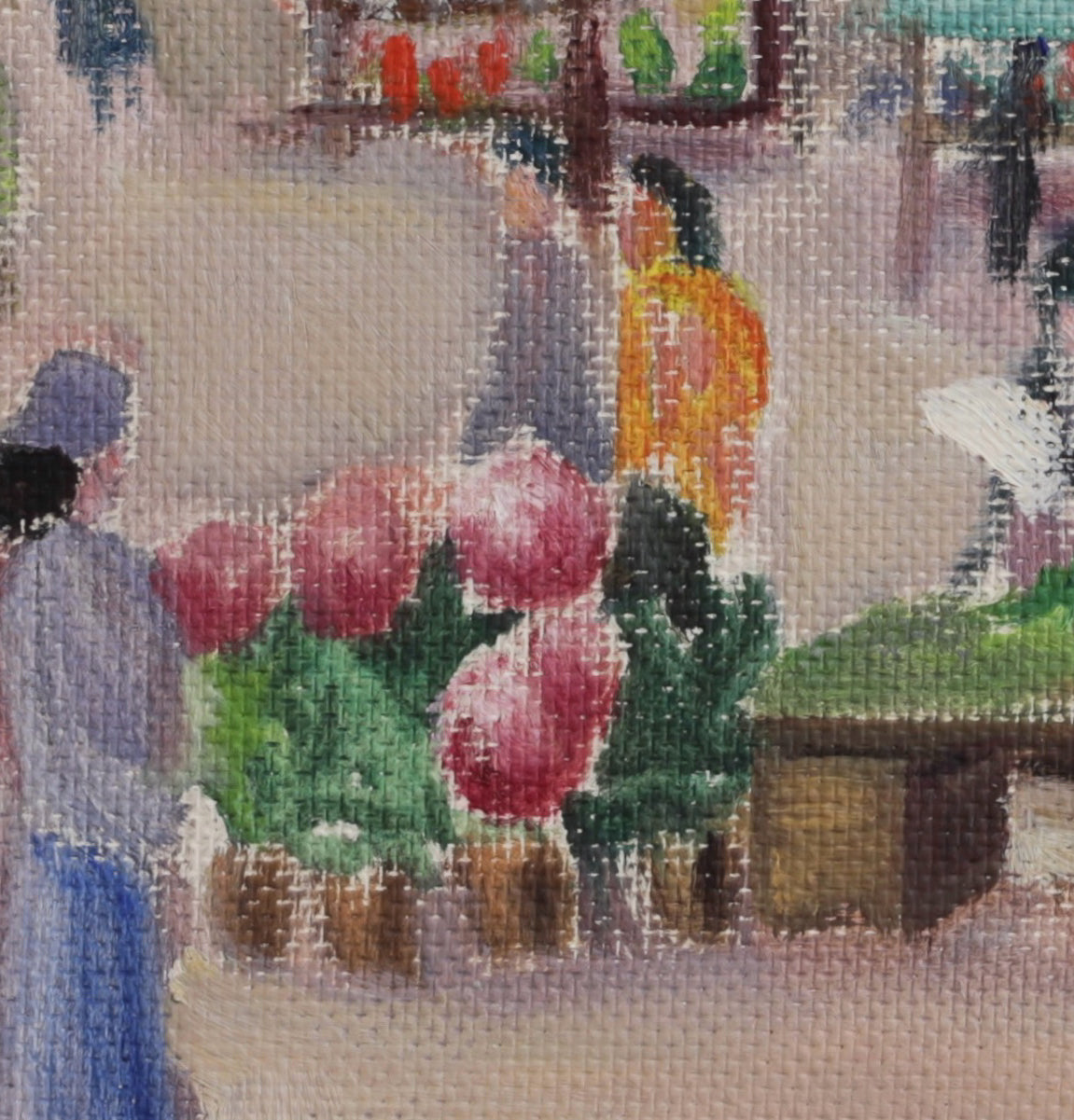 Vintage Framed Colorful Market Scene Oil Painting from Sweden