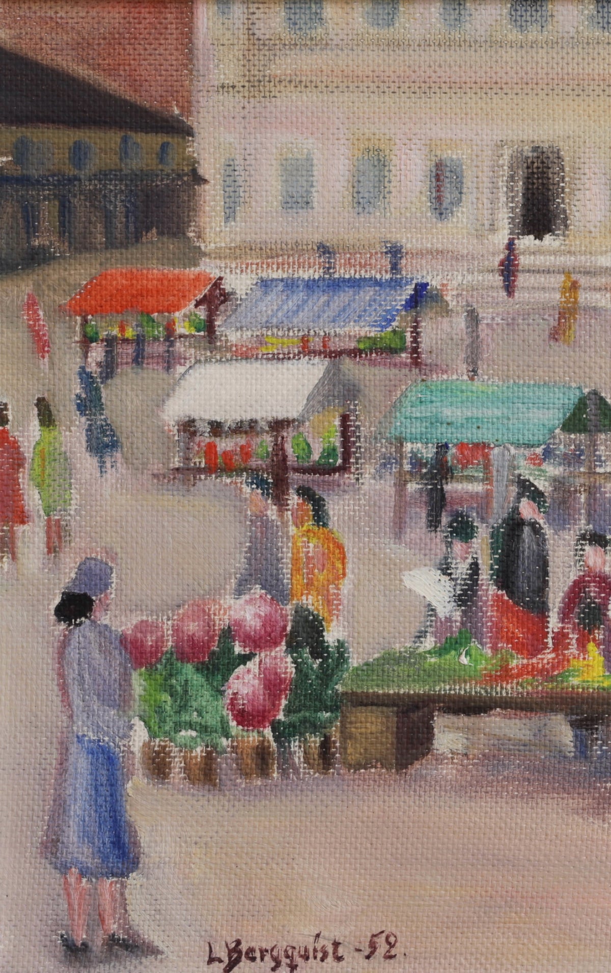 Vintage Framed Colorful Market Scene Oil Painting from Sweden