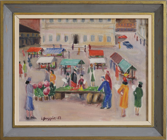 Vintage Framed Colorful Market Scene Oil Painting from Sweden