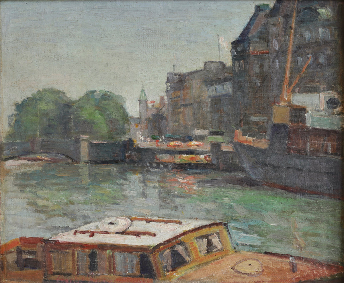 Vintage Mid Century European Cityscape Oil Painting From Sweden