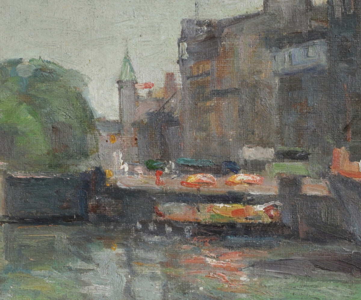 Vintage Mid Century European Cityscape Oil Painting From Sweden