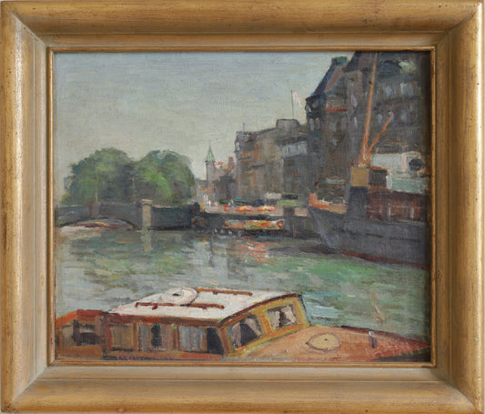 Vintage Mid Century European Cityscape Oil Painting From Sweden
