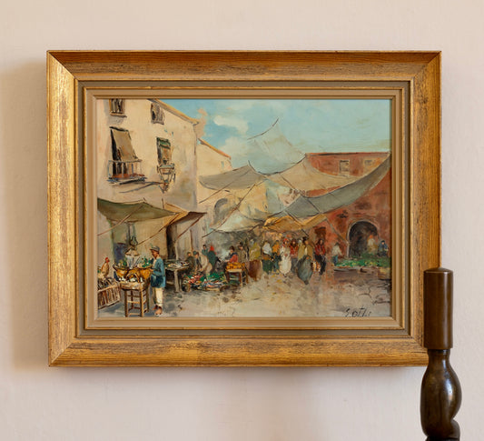 Vintage Art Room Outdoor Market Oil Painting From Sweden
