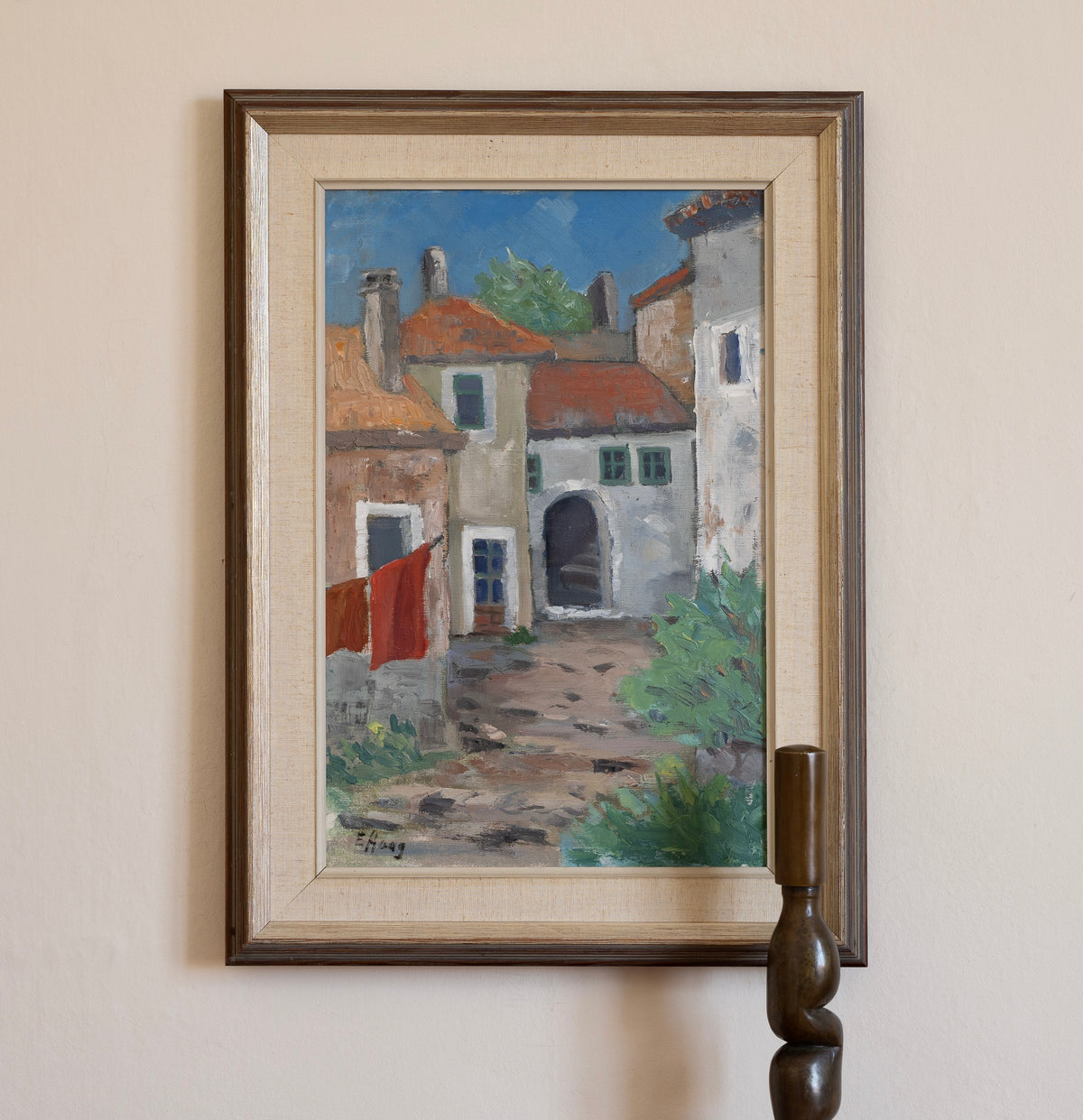 Vintage Art Original Charming Cityscape Oil Painting from Sweden