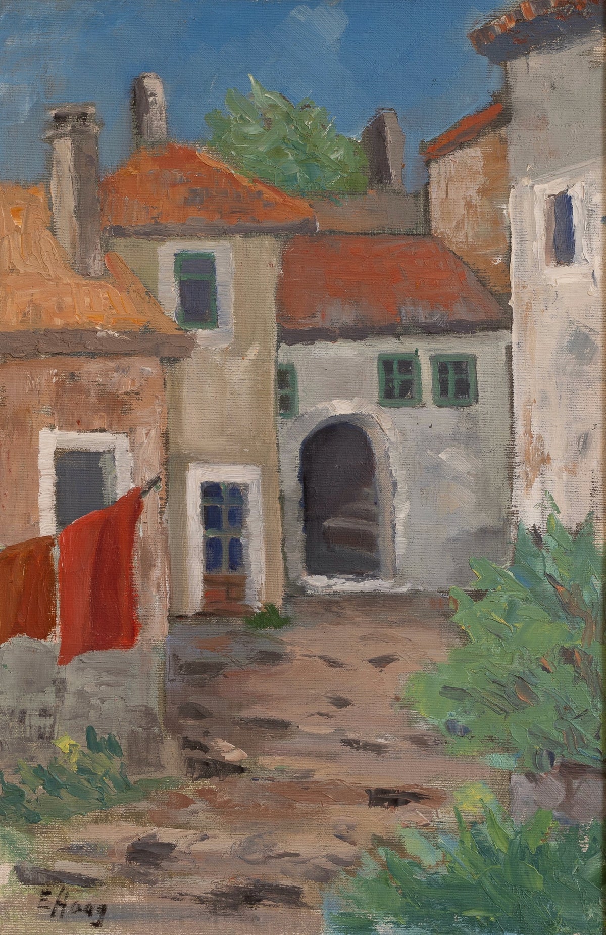 Vintage Art Original Charming Cityscape Oil Painting from Sweden