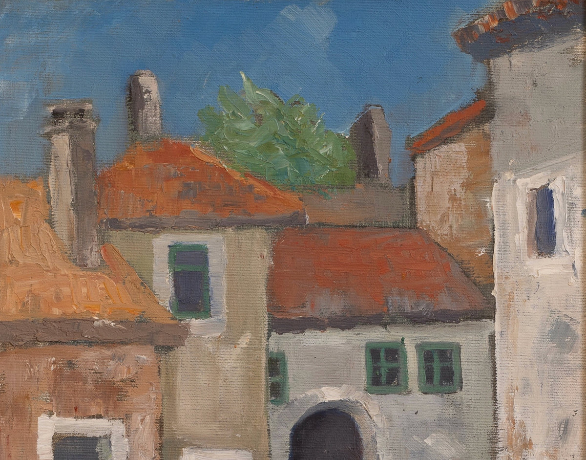 Vintage Art Original Charming Cityscape Oil Painting from Sweden
