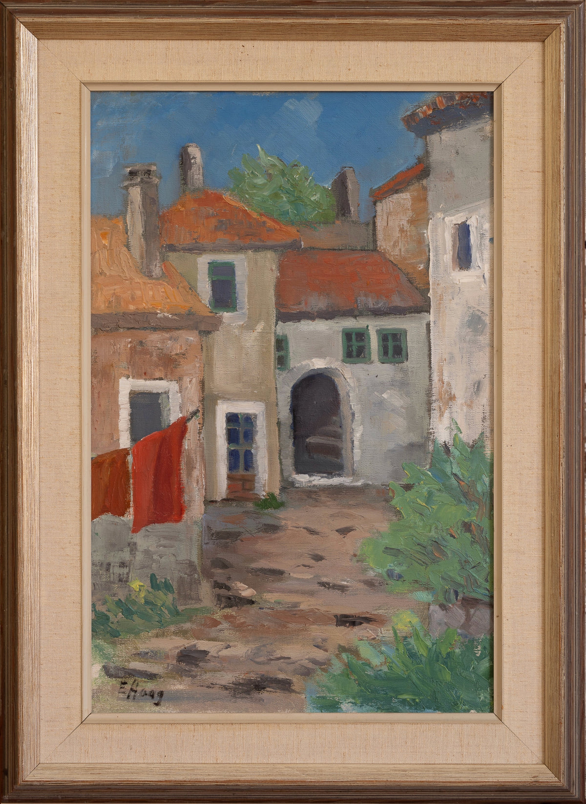 Vintage Art Original Charming Cityscape Oil Painting from Sweden