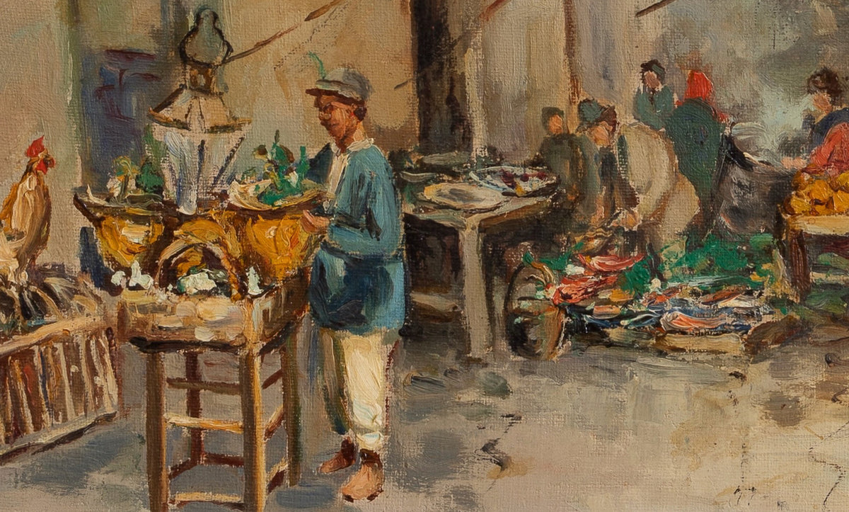 Vintage Art Room Outdoor Market Oil Painting From Sweden