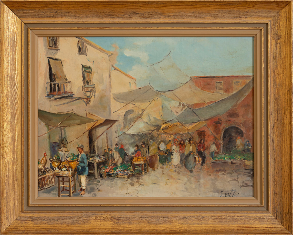 Vintage Art Room Outdoor Market Oil Painting From Sweden