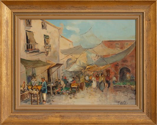 Vintage Art Room Outdoor Market Oil Painting From Sweden