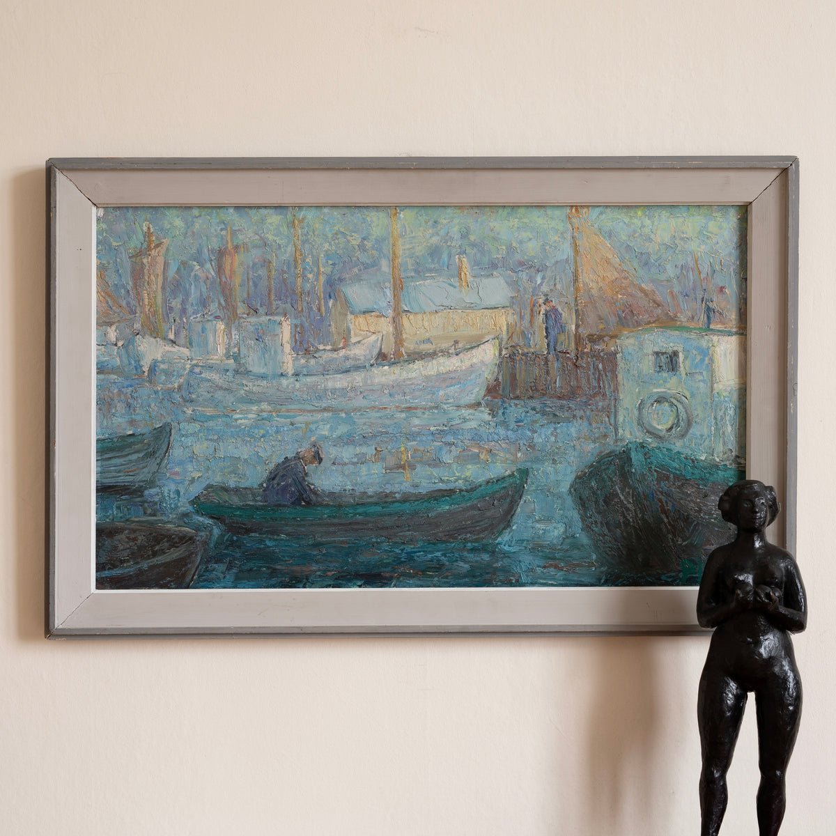 Original Vintage Harbor Scene Mid Century Oil Painting from Sweden