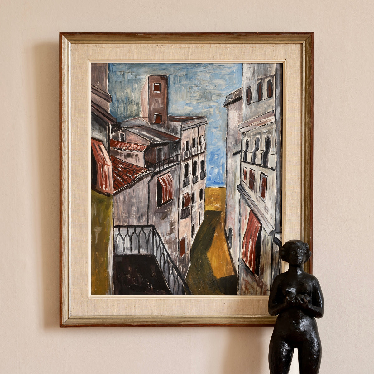 Mid Century Original Vintage Art Original European Cityscape