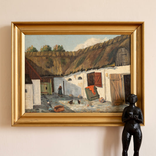 Vintage Original Farmhouse Oil Painting with Chickens From Sweden