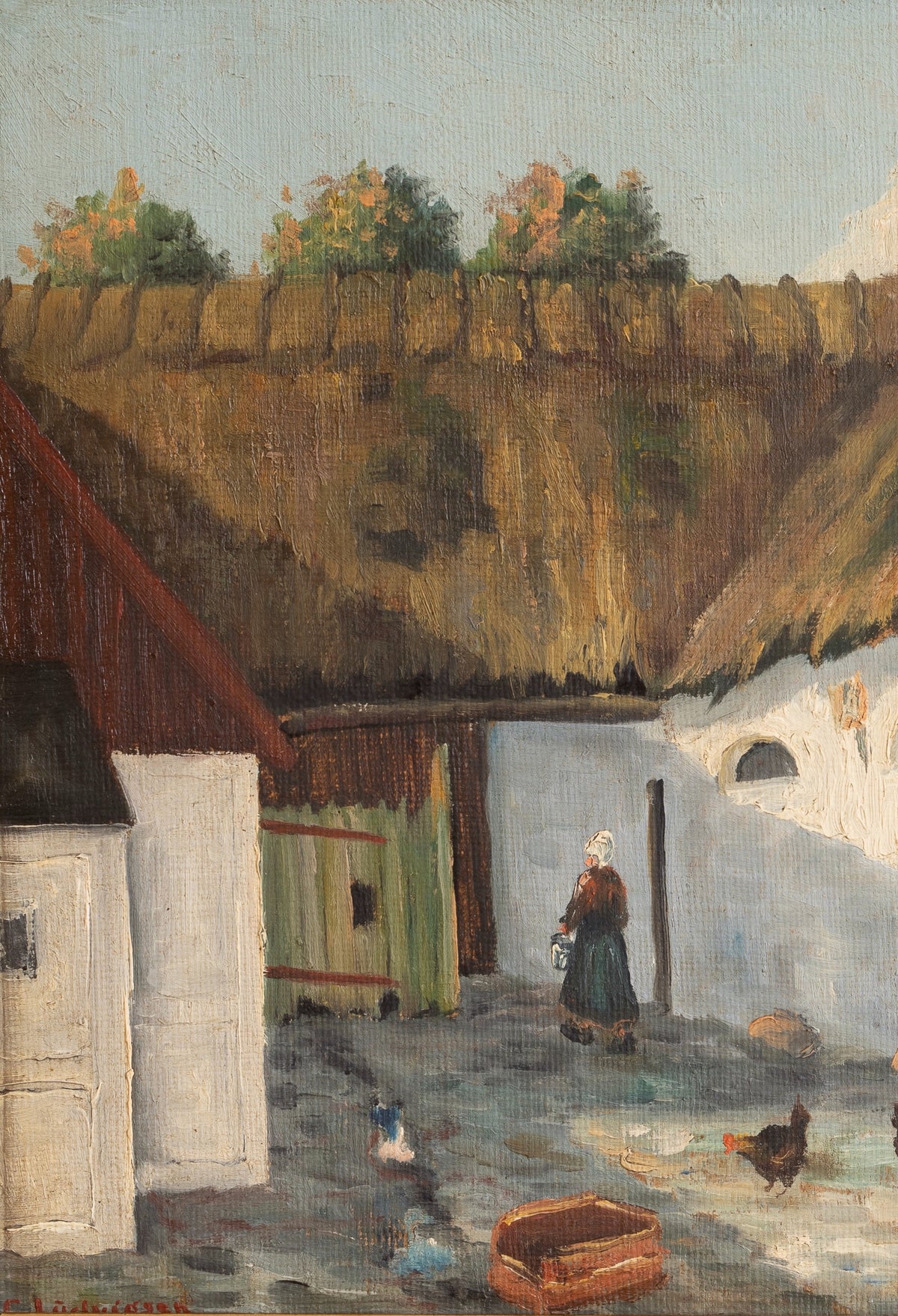 Vintage Original Farmhouse Oil Painting with Chickens From Sweden