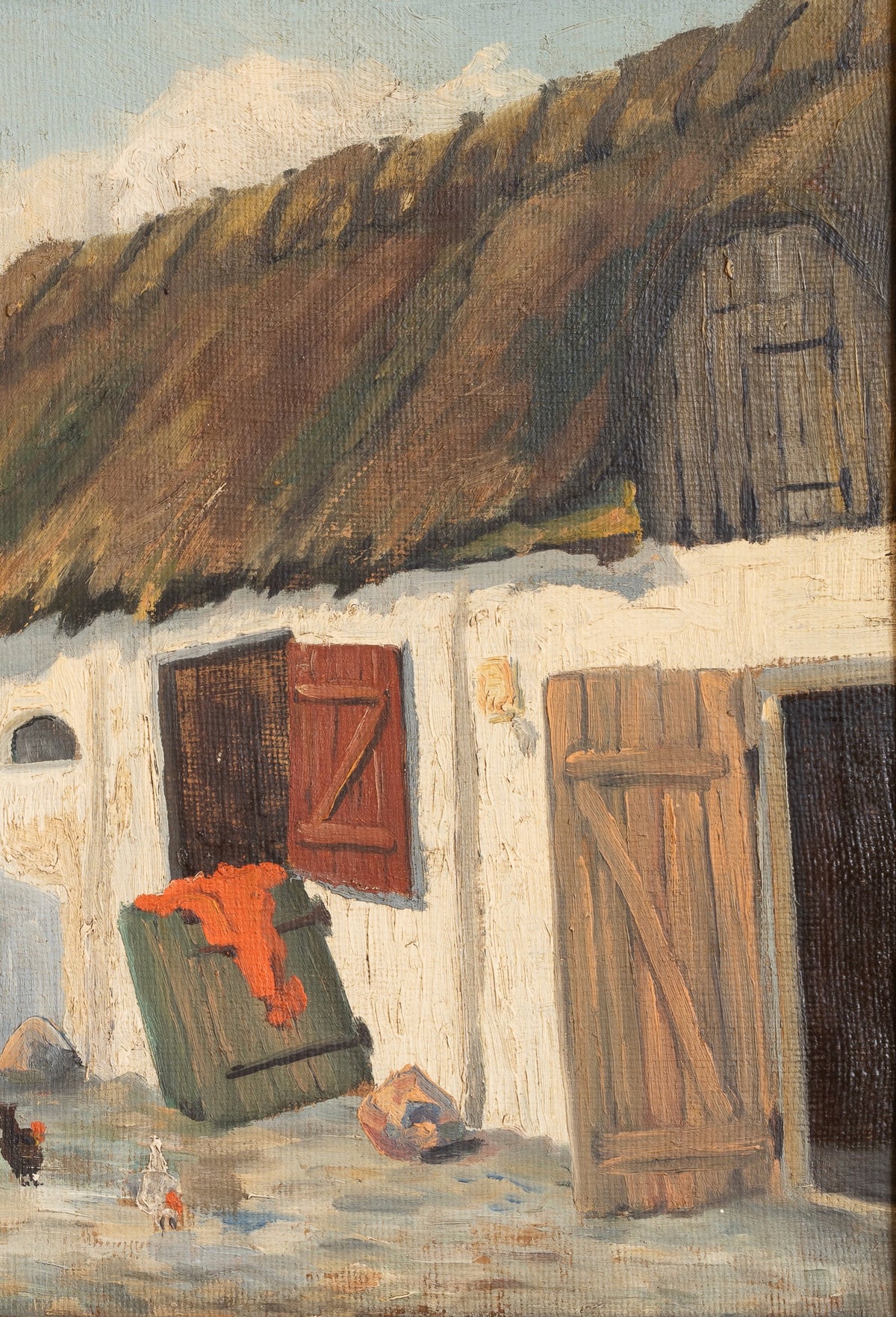 Vintage Original Farmhouse Oil Painting with Chickens From Sweden