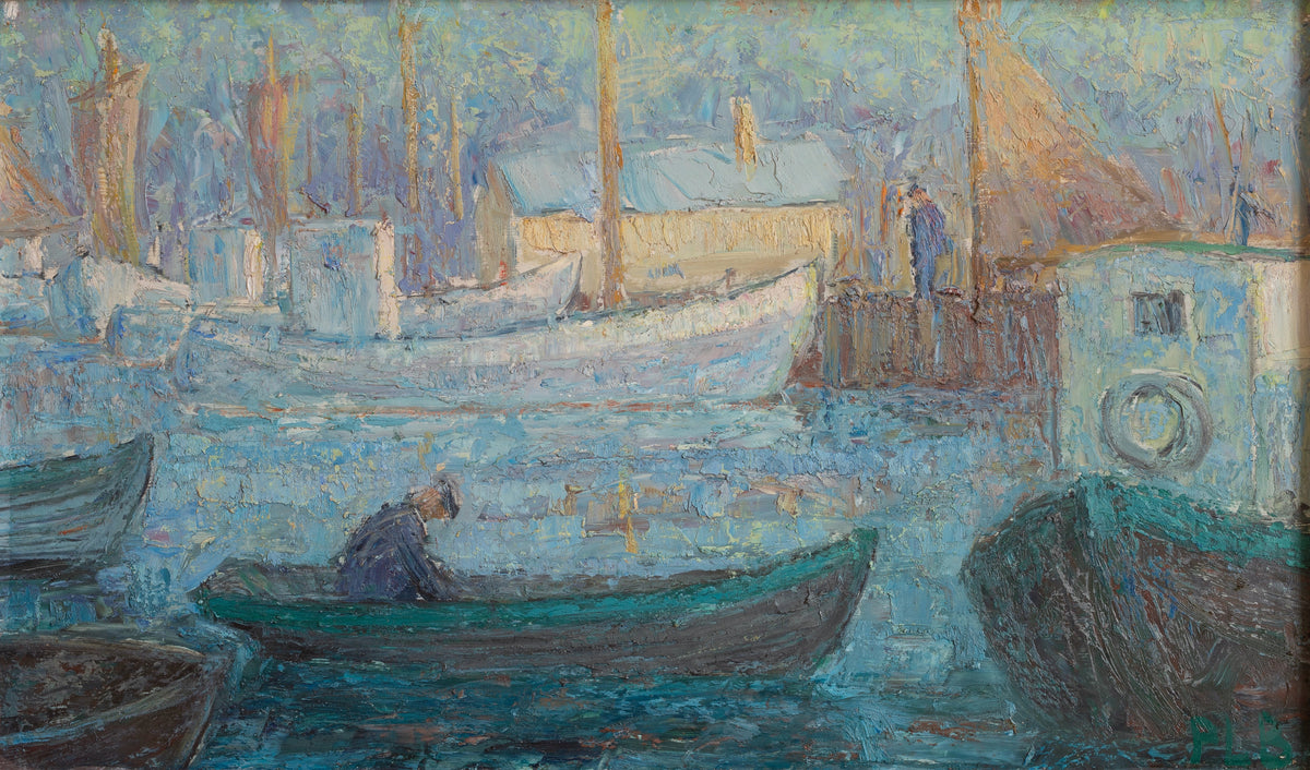 Original Vintage Harbor Scene Mid Century Oil Painting from Sweden