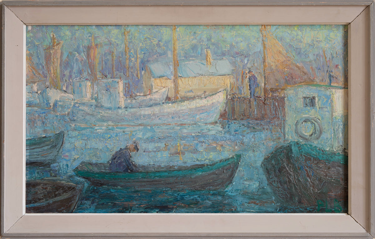 Original Vintage Harbor Scene Mid Century Oil Painting from Sweden