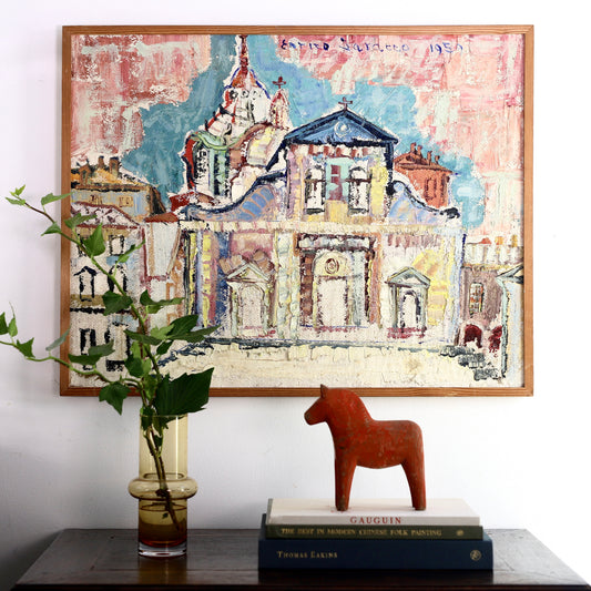 Mid Century Original Cityscape Oil Painting Sweden 1959