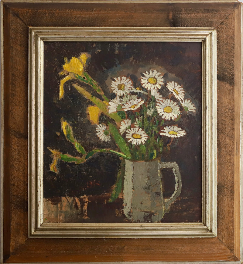 Vintage Mid Century Swedish Art Still Life Oil Painting of Daisies