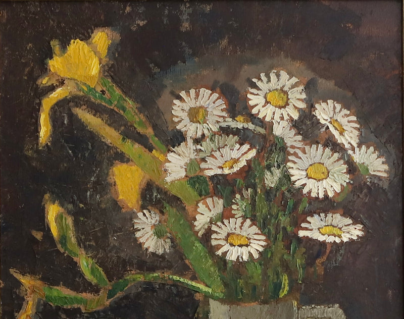 Vintage Mid Century Swedish Art Still Life Oil Painting of Daisies