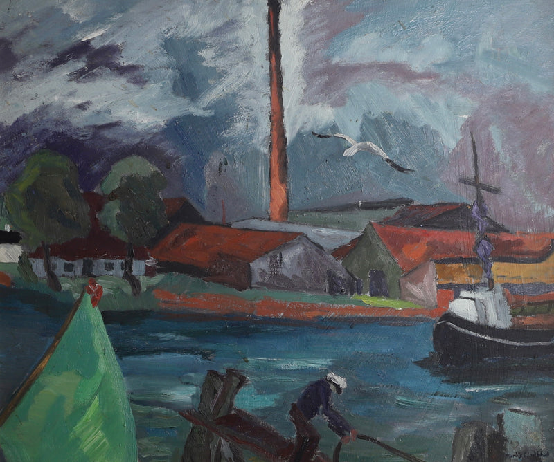 Original Vintage Harbor Scene Swedish Oil Painting