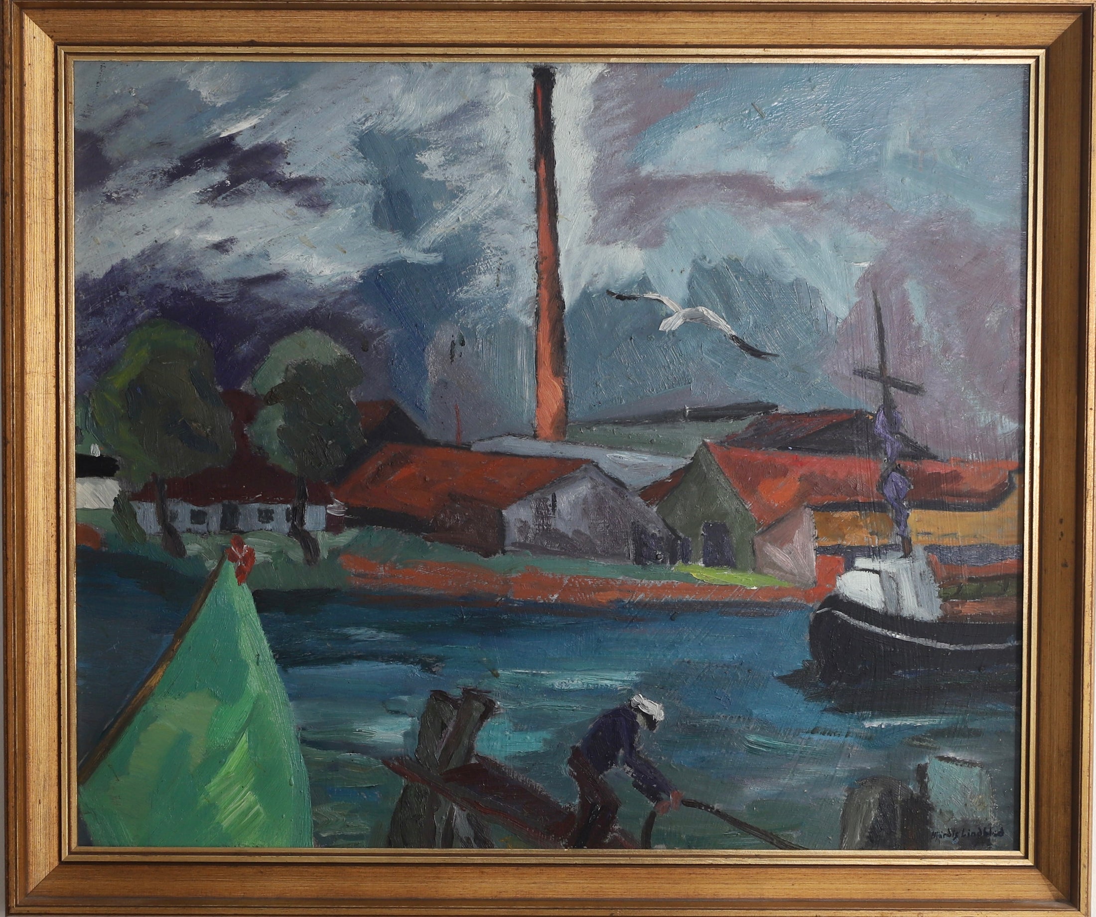 Original Vintage Harbor Scene Swedish Oil Painting