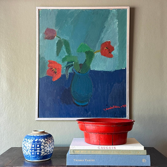 Mid Century Original Still Life Oil Painting of Tulips From Sweden
