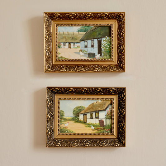 Vintage Pair Original Farmhouse Oil Paintings from Sweden