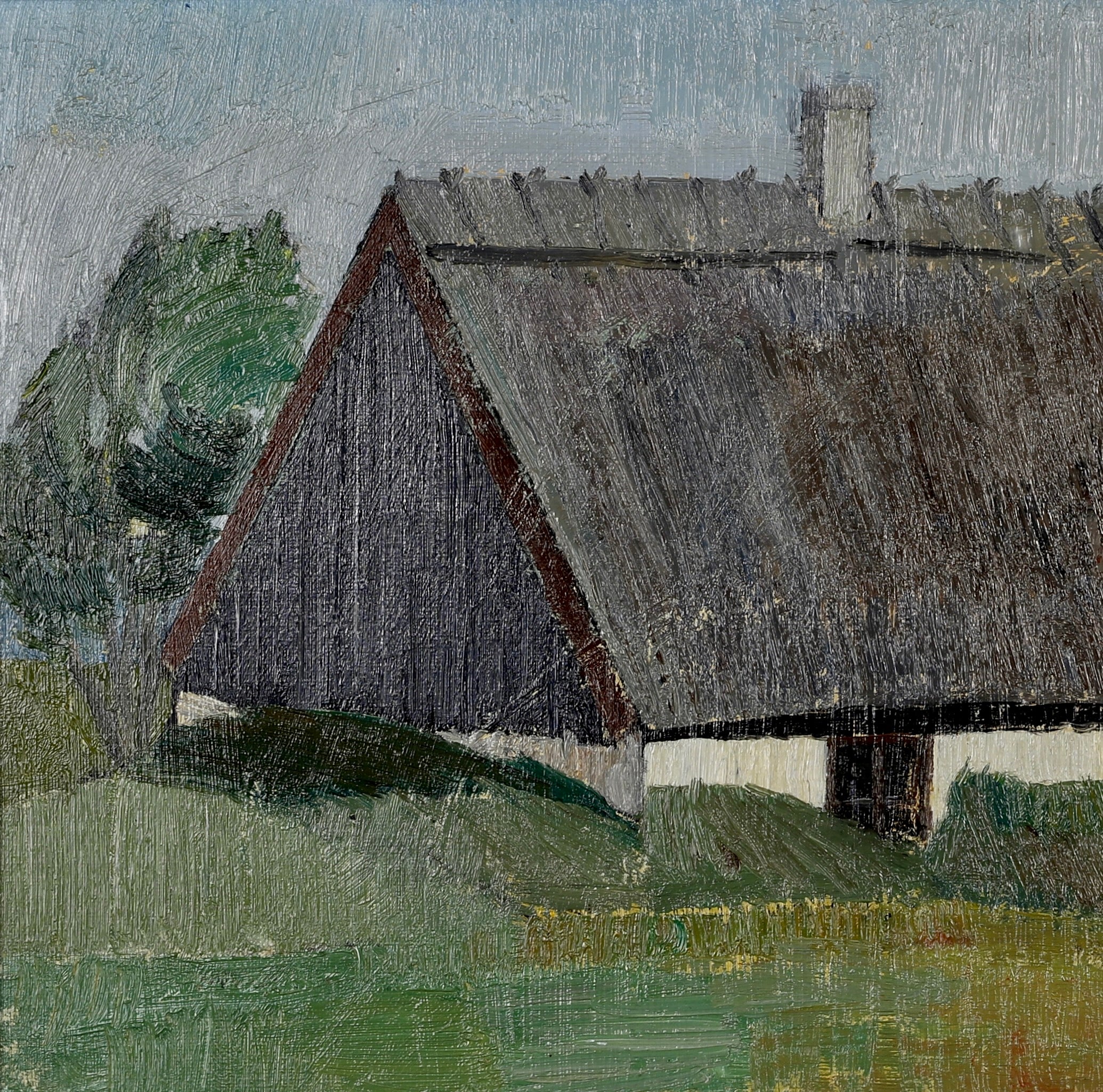 Vintage Mid Century Coastal Oil Painting of Seaside House From Sweden
